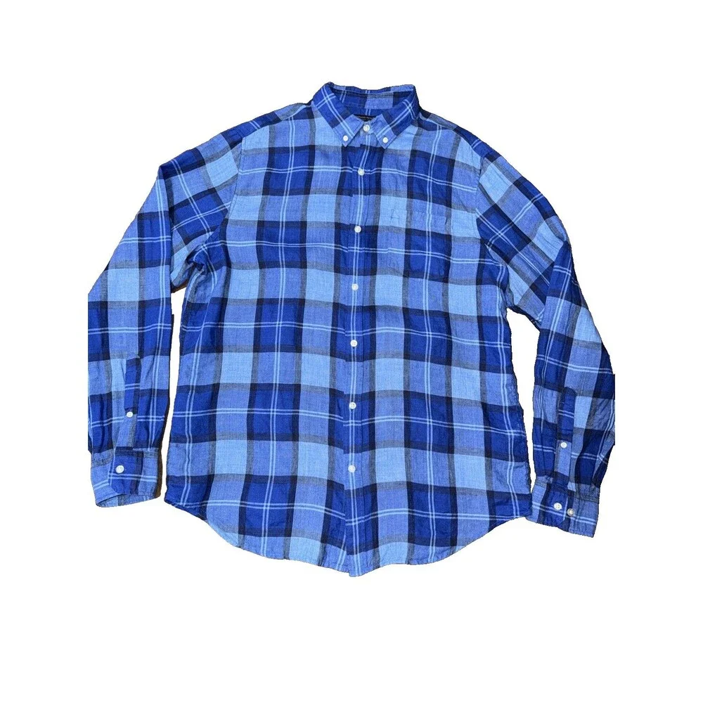 Banana Republic 100% Linen Shirt Blue Plaid Button Down Camden Fit Mens Size L